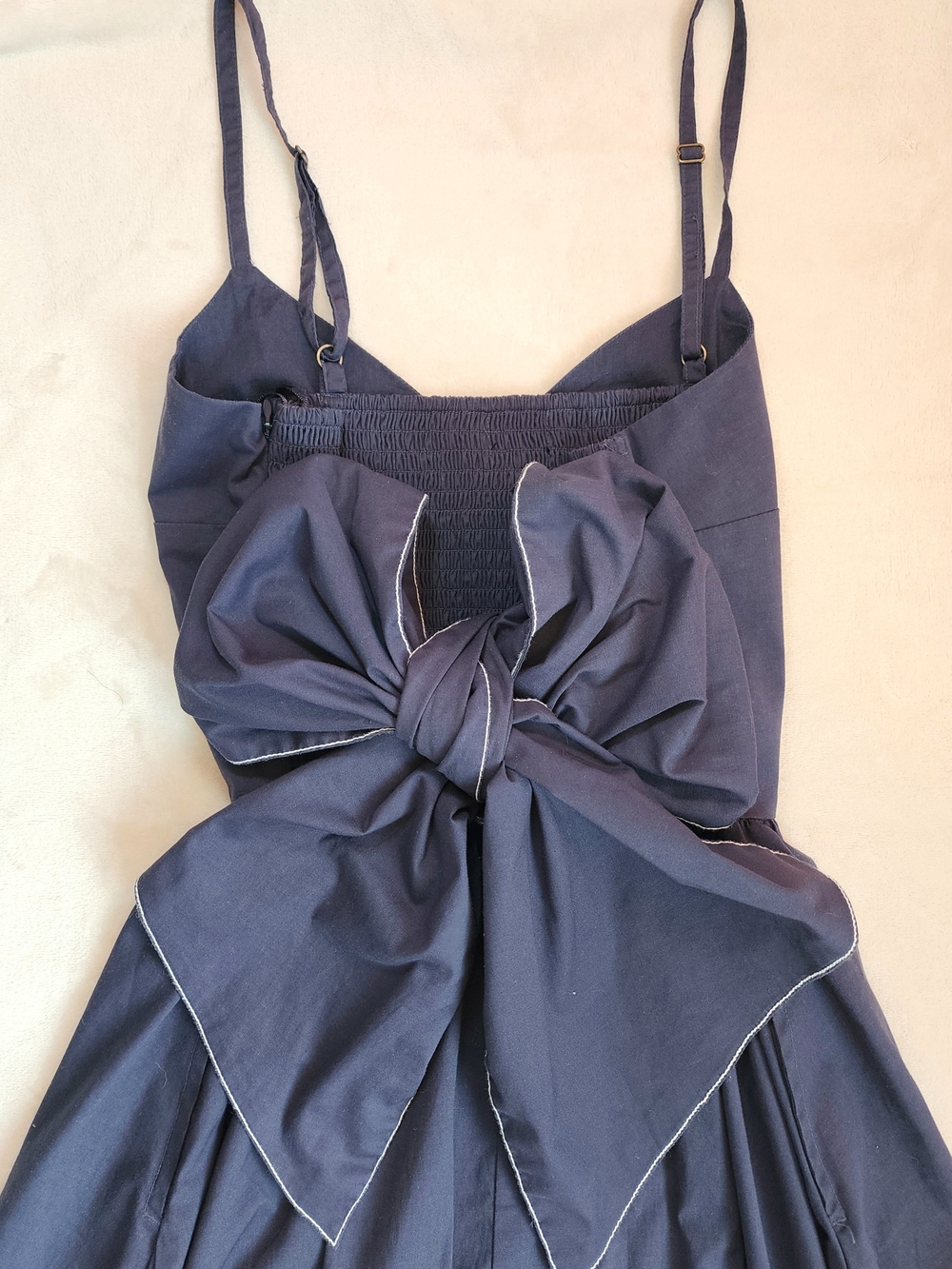 Navy Blue Organic Cotton Midi Dress With Thick Tie-Waist Summer Old Money - Picture 6 of 8